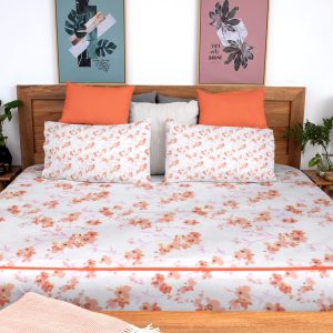 OJOS White Base & China Orange, 100% Cotton Bedsheets ll 2 Pillow Covers ll Double-Sided Designer Joint